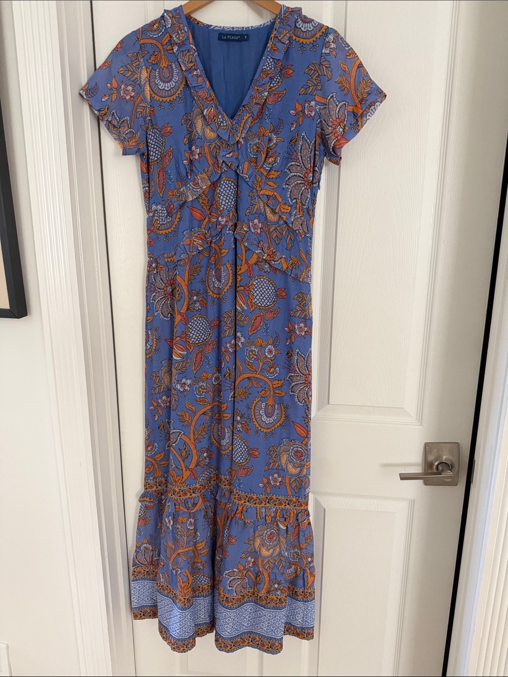 Blue Paisley Maxi Dress with Orange Accents
